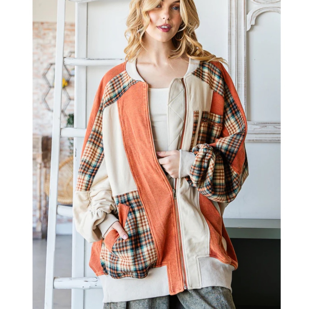 Oli & Hali Orange Plaid and Cream Patchwork Bomber Jacket